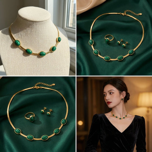Oval Green Crystal Pendant Necklace Set With Bracelet