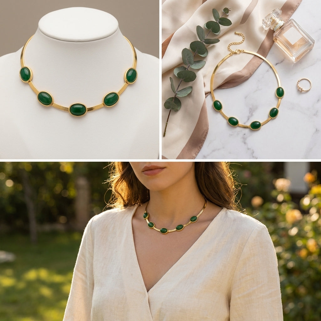 Oval Green Crystal Pendant Necklace Set With Bracelet