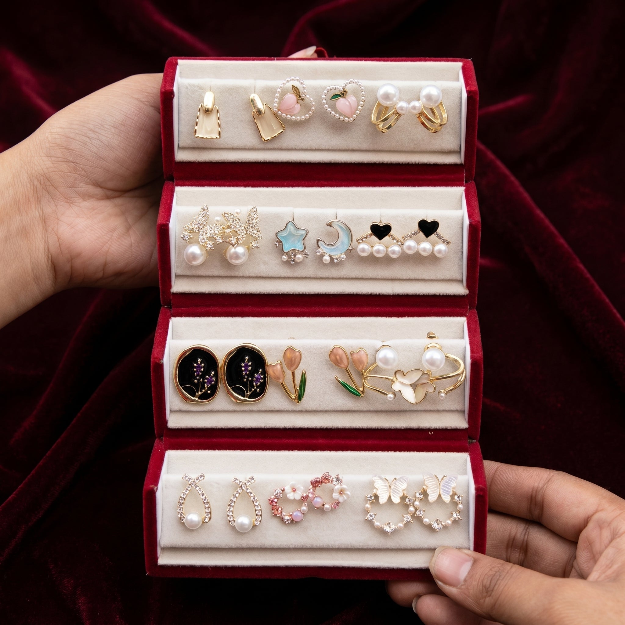 The Enchanted Garden Collection: 12-Pair Premium Earring Set in Luxury Velvet Tiered Case