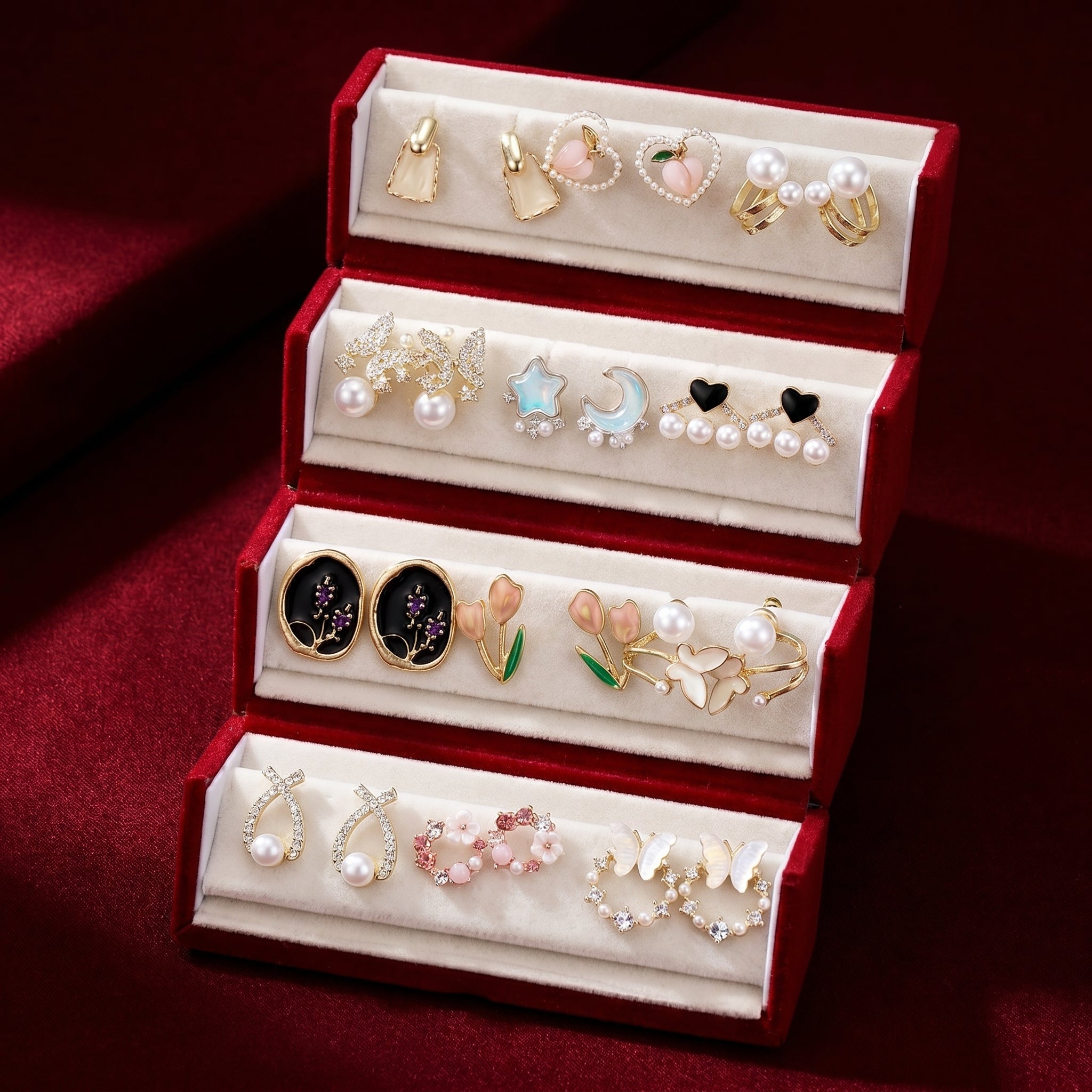 The Enchanted Garden Collection: 12-Pair Premium Earring Set in Luxury Velvet Tiered Case