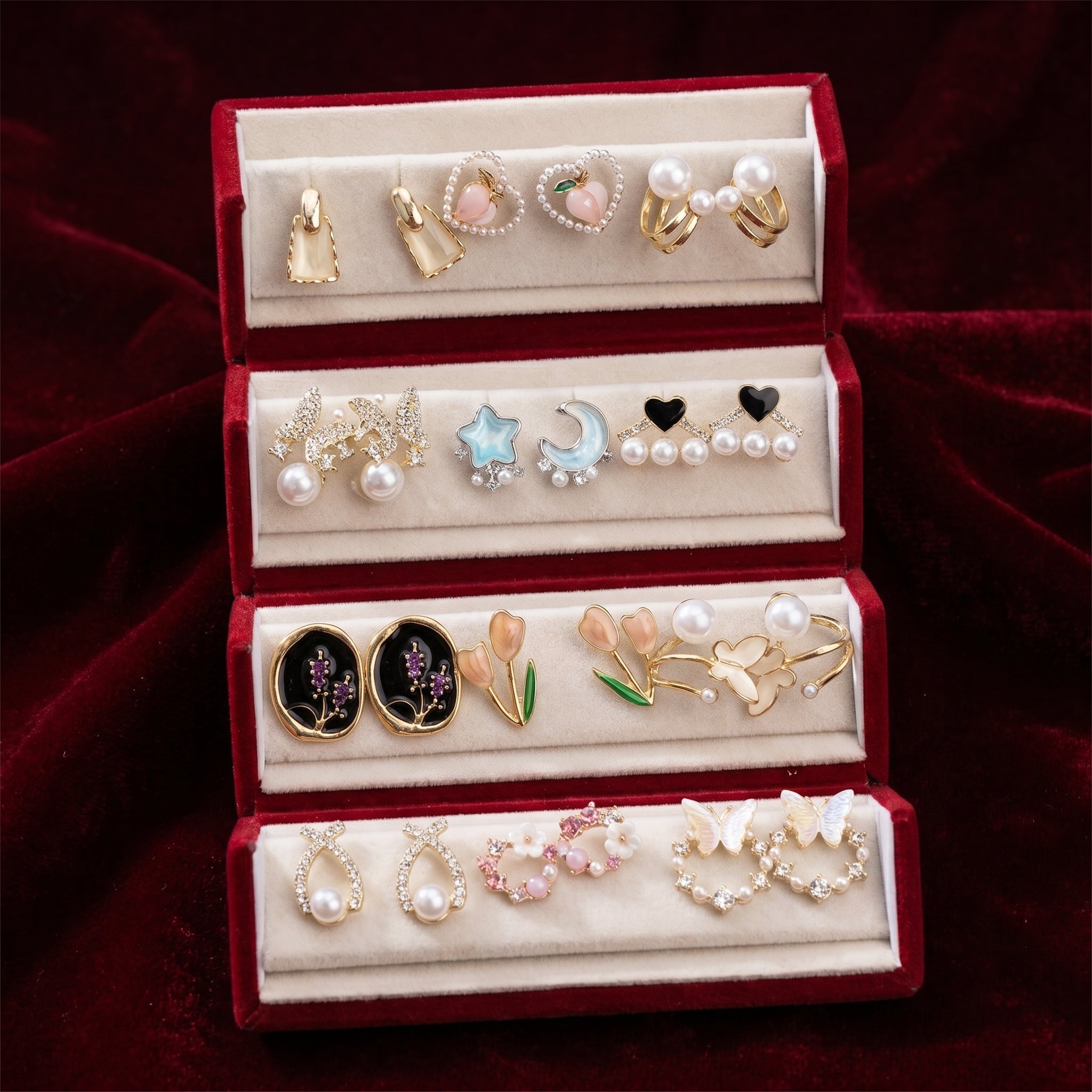 The Enchanted Garden Collection: 12-Pair Premium Earring Set in Luxury Velvet Tiered Case